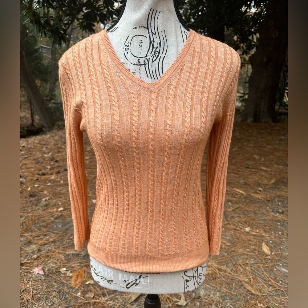 Brooks Brothers Silk Cashmere Cable Knit V-Neck Sweater Peach Sorbet Spring XS